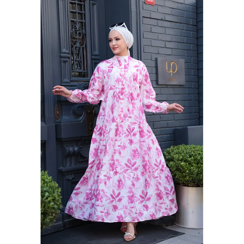 Leafy Abstract Pattern Dress  Pink