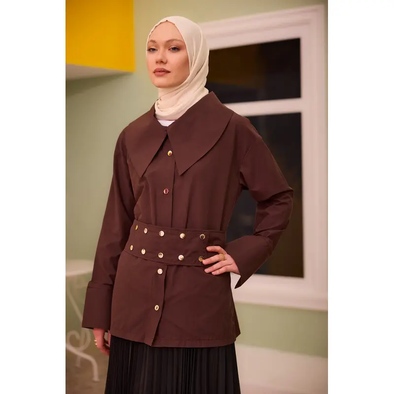 Brown Shirt With Gold Button And Belt Details