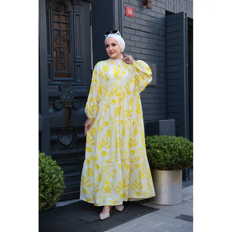 Leafy Abstract Pattern Dress  Yellow