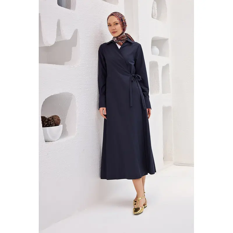 Navy Blue Poplin Dress With Side Tie