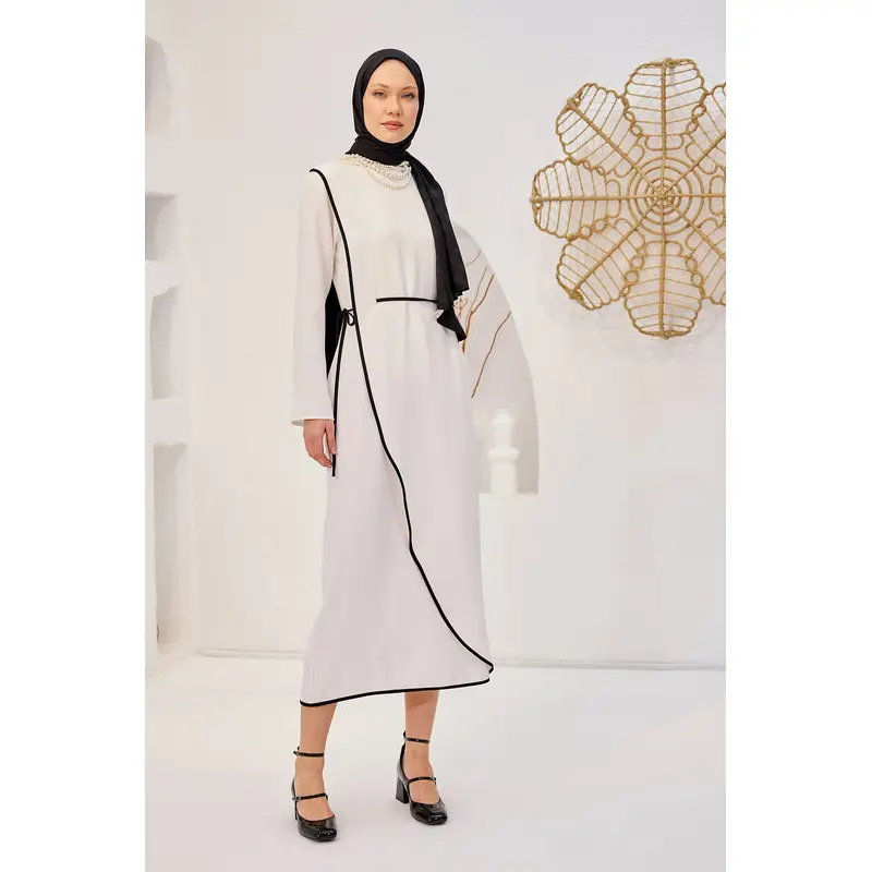 White Scuba Dress With Piping And Self-Tie