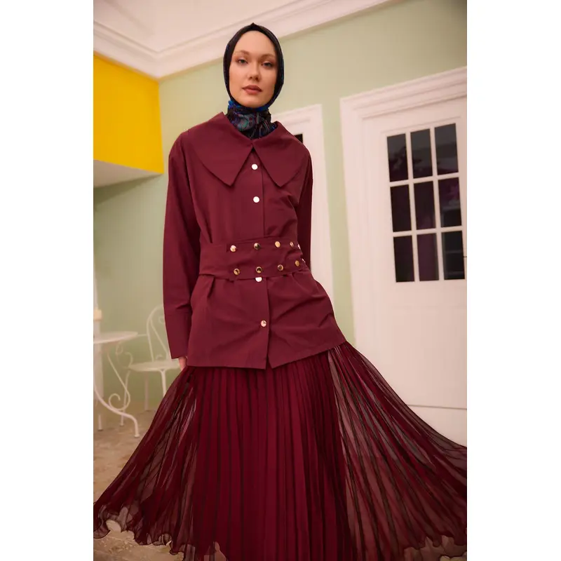 Burgundy Shirt With Gold Button And Belt Details