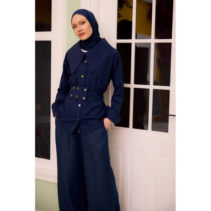 Navy Blue Shirt With Gold Button And Belt Details