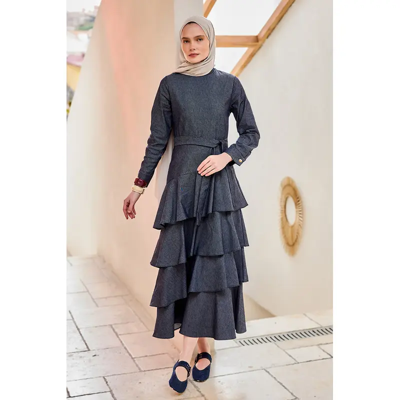 Ruffled Hem Denim-Look Dress Navy