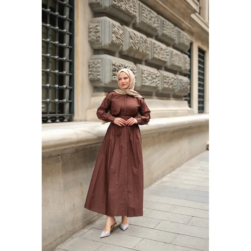 Hidden Button Epaulet Detail Dress Brown