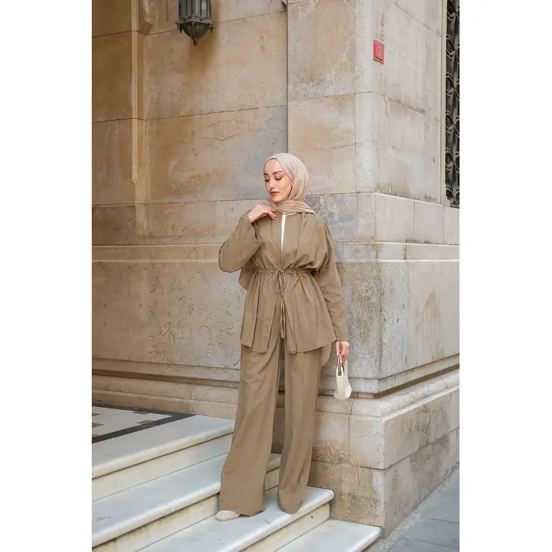 Khaki Green Two-Piece Set With Stone Details