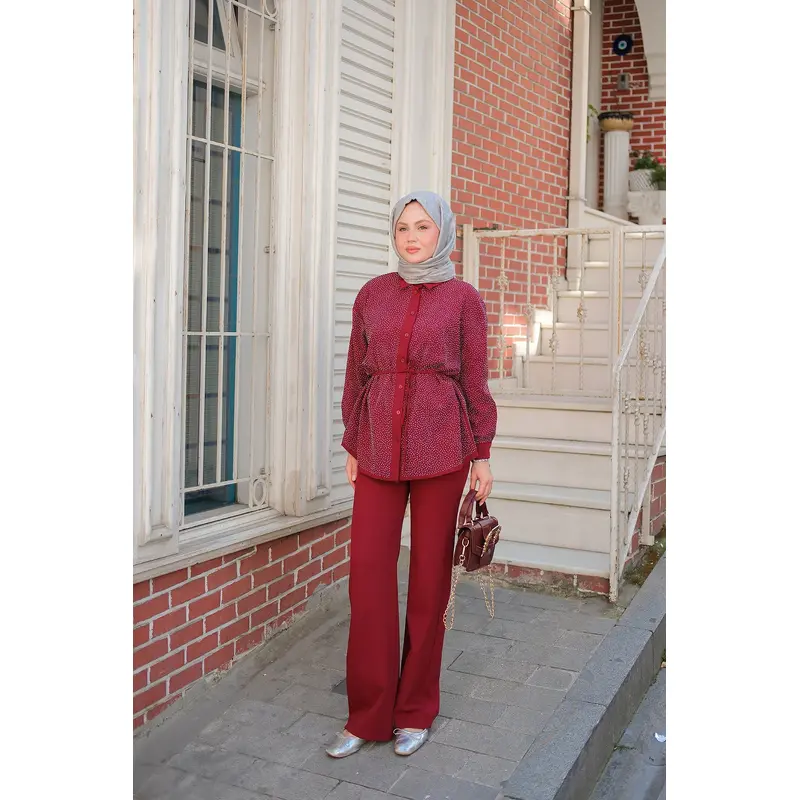 Stone-Embellished Buttoned Shirt Collar Suit - Burgundy