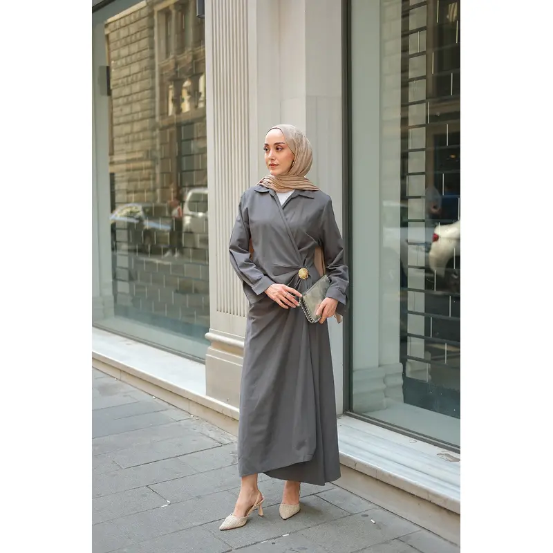 Seashell Brooch Detailed Dress Smoke Grey