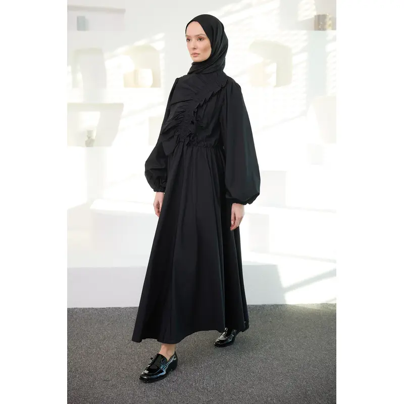 Asymmetric Ruched And Frilled Detail Dress Black