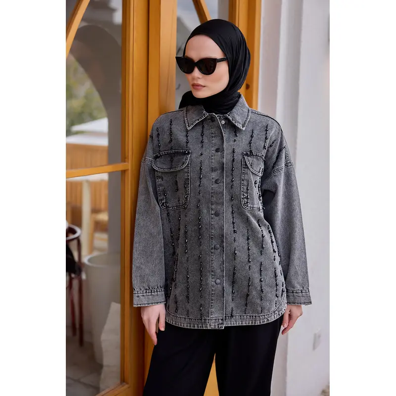 Bead Embroidered Jean Jacket Anthracite