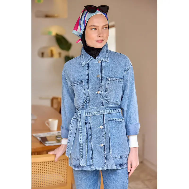 Belted Denim Jacket Ice Blue