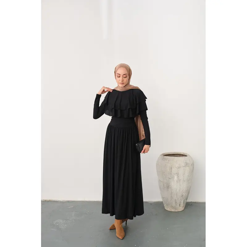 Shoulder Ruffle Detail Dress  Black