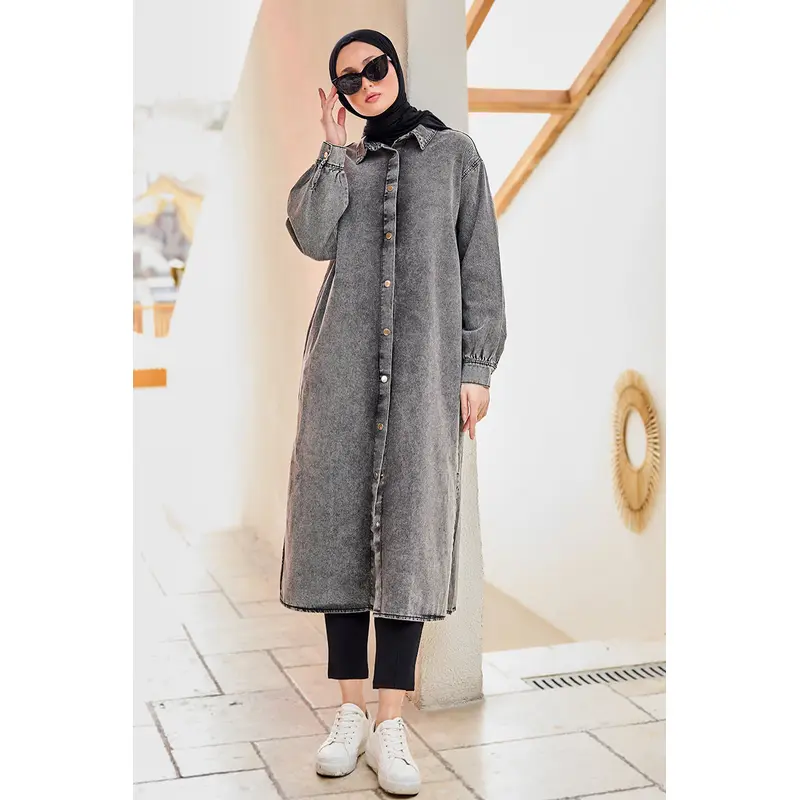 Snap Detail Midi Length Denim Jacket Anthracite