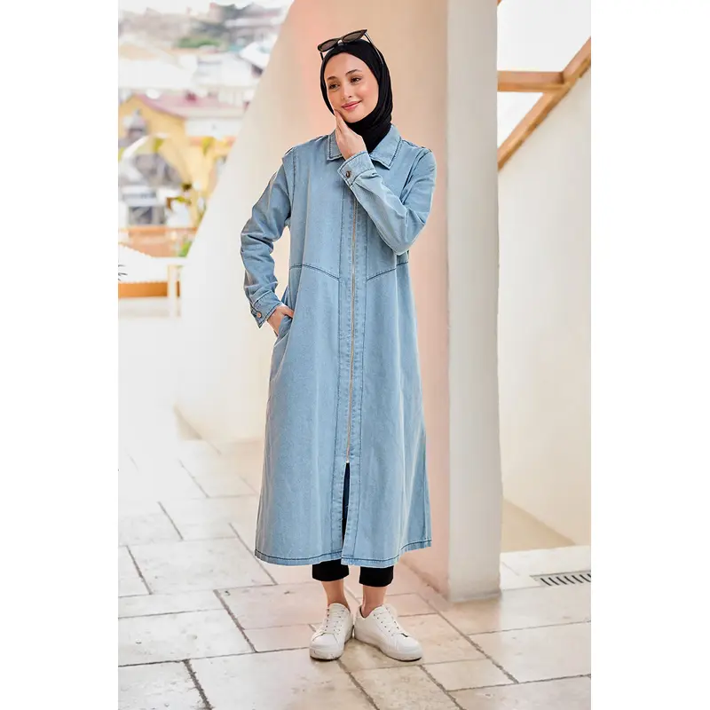 Zippered Midi Length Denim Jacket Ice Blue