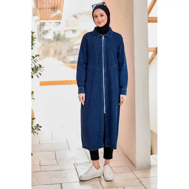 Zippered Midi Length Denim Jacket Navy Blue