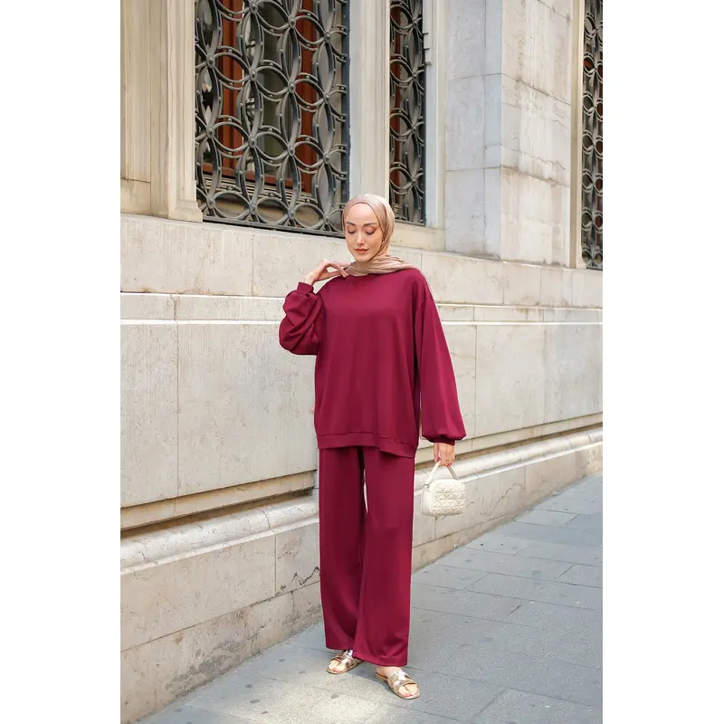 Crew Neck Two-Piece Set - Burgundy