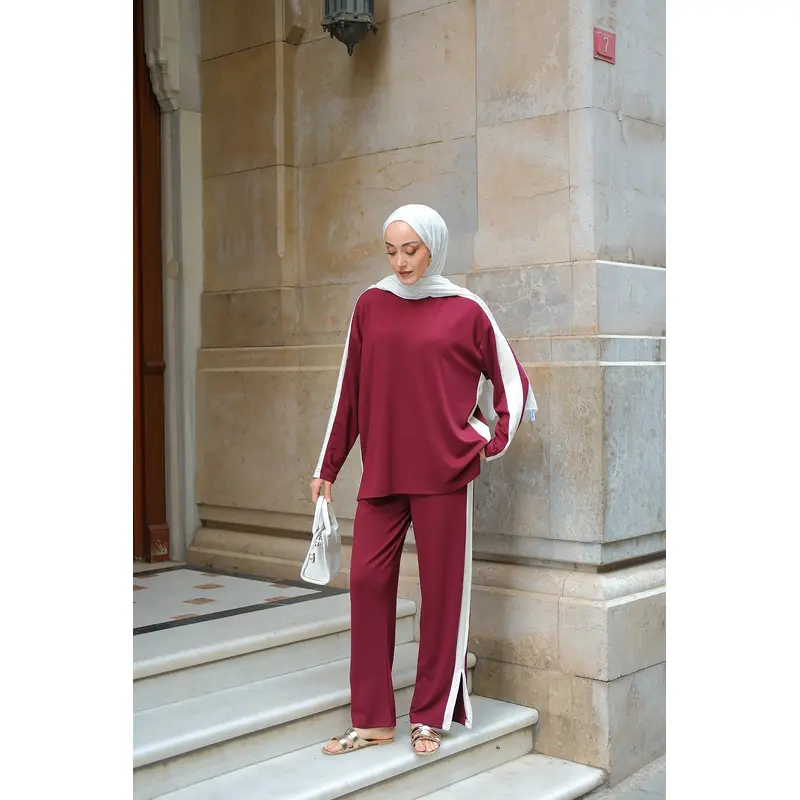 Side Stripe Detail Two-Piece Set - Burgundy