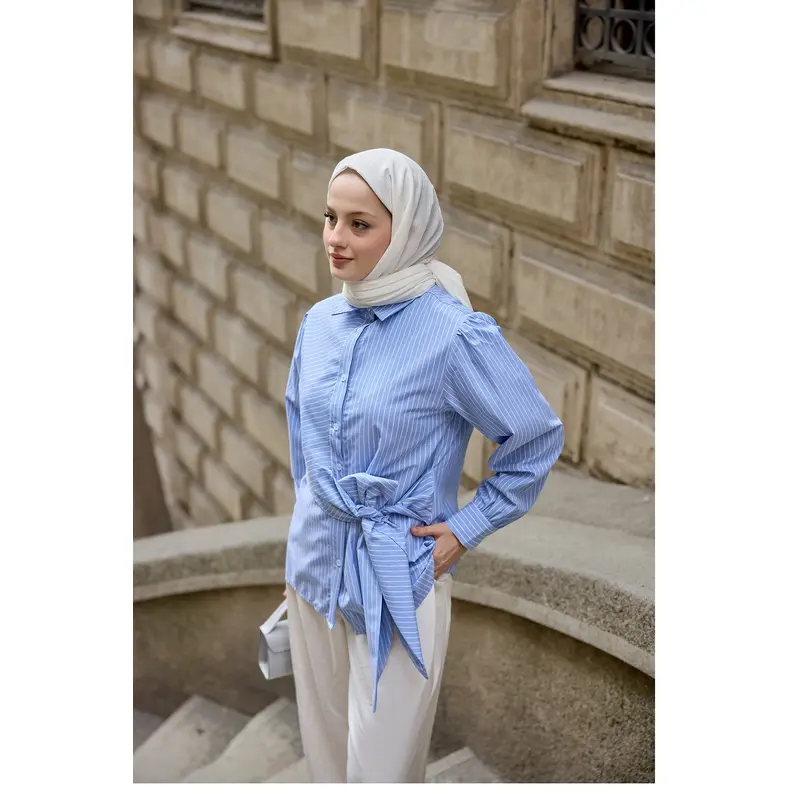 Side-Tied Bold Striped Shirt Blue