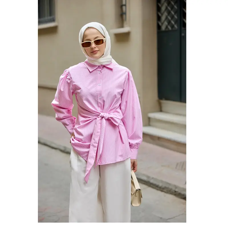 Side-Tied Striped Shirt Pink