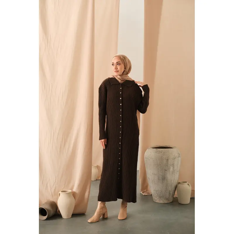 Button Detail Knit Dress  Brown