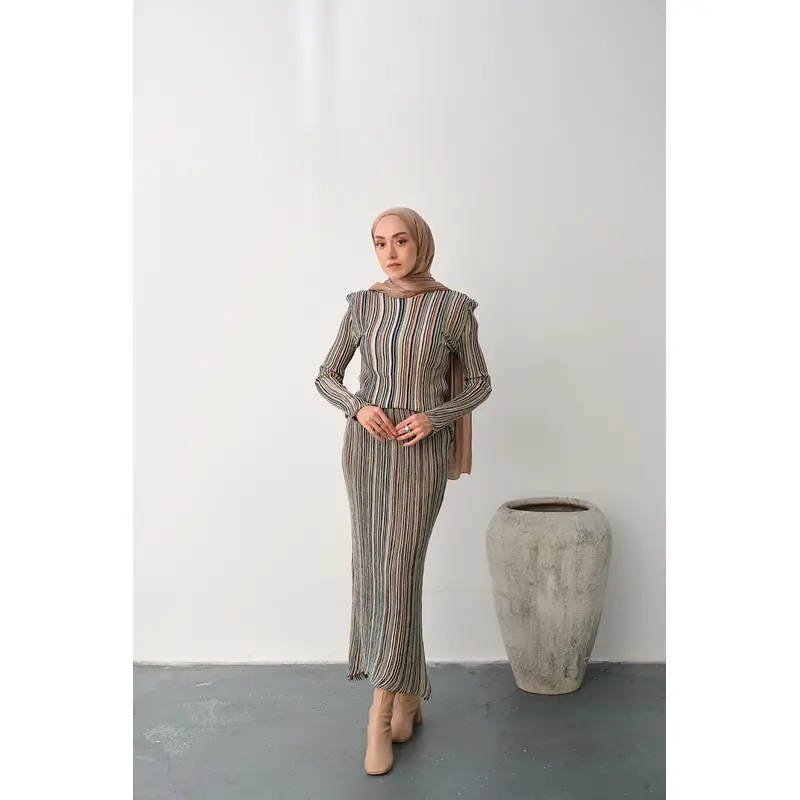 Glitter Stripe Pattern Skirted Set  Salmon