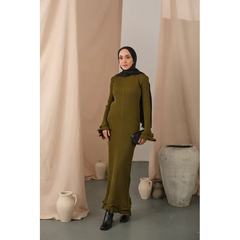 Ruffle Detail Dress  Olive Green