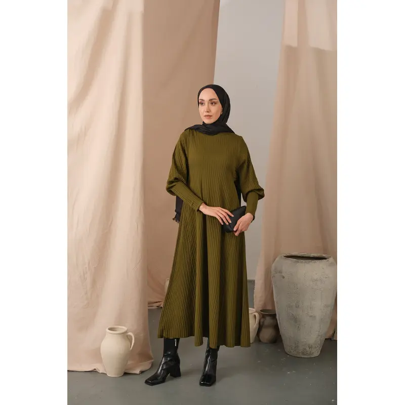 Self-Patterned Knit Dress  Olive Green