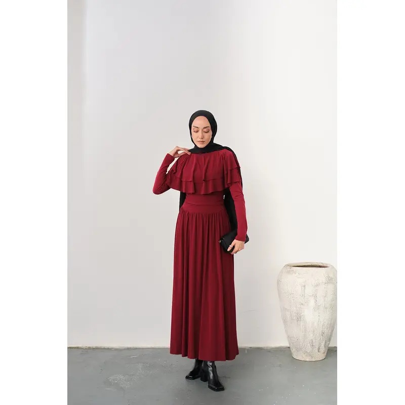 Shoulder Ruffle Detail Dress  Burgundy