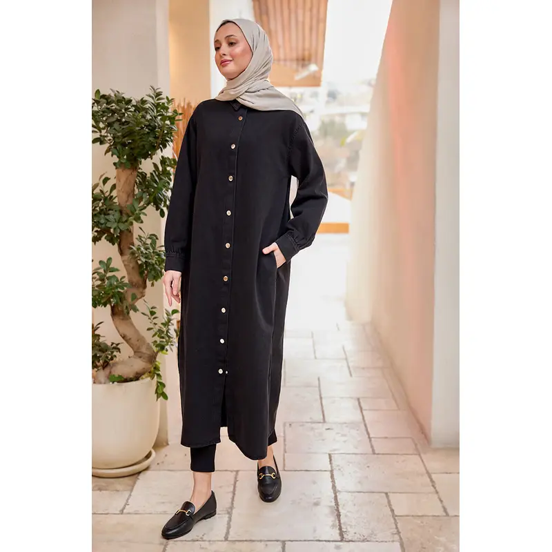 Snap Detail Midi Length Denim Jacket Black