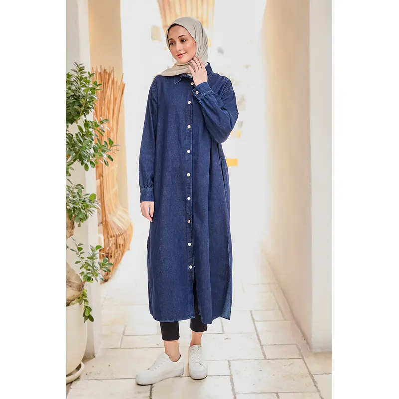 Snap Detail Midi Length Denim Jacket Navy Blue