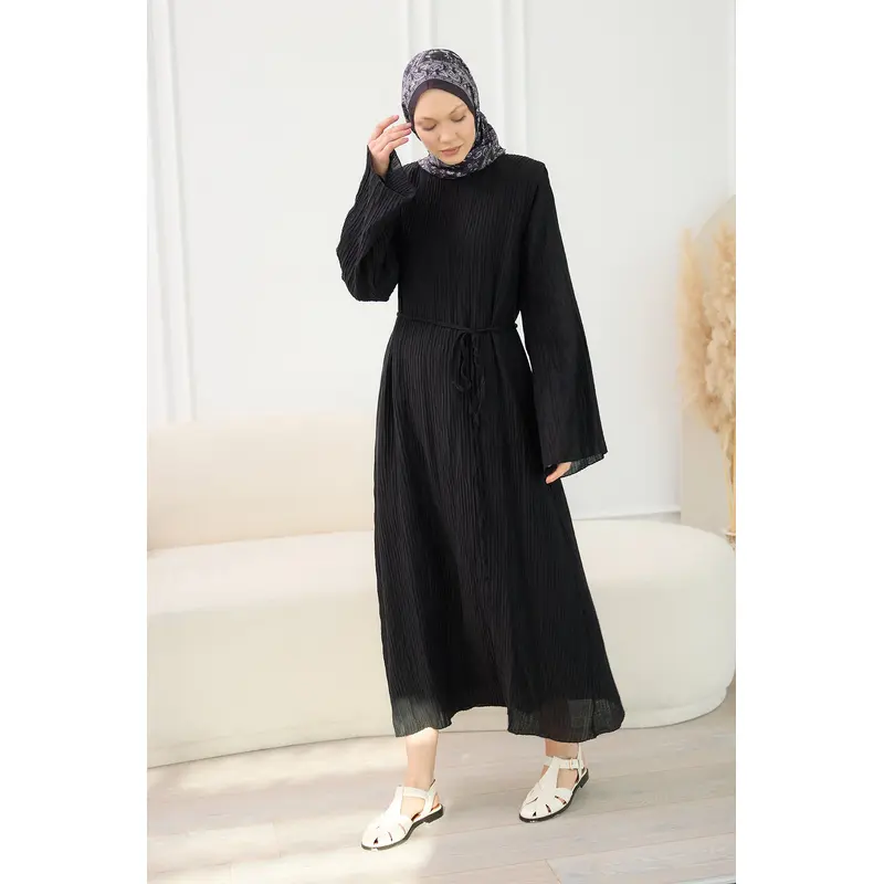 Textured Fabric Padded Shoulder Dress n Black