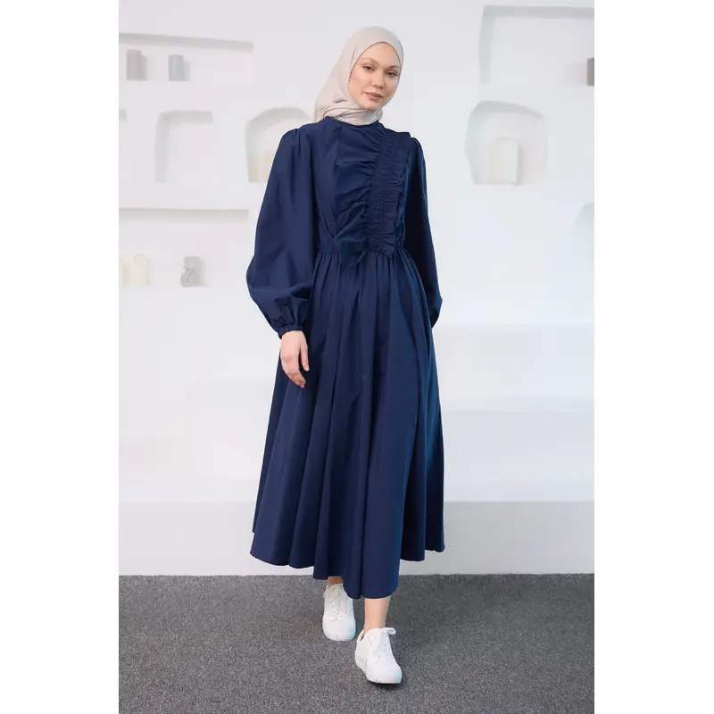 Asymmetric Ruched And Frilled Detail Dress Navy Blue