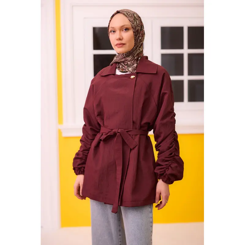 Burgundy Jacket With Gathered Martha Sleeves And Back