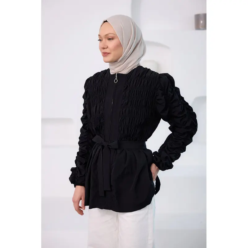 Gathered Detail Zippered Jacket Navy Blue