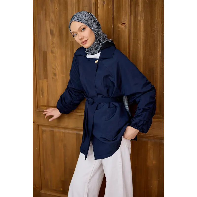 Navy Blue Jacket With Gathered Martha Sleeves And Back