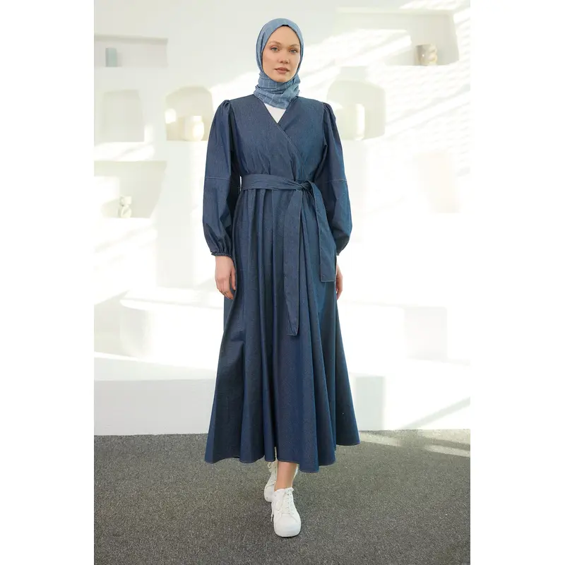 V Neck Denim Dress Dark Blue