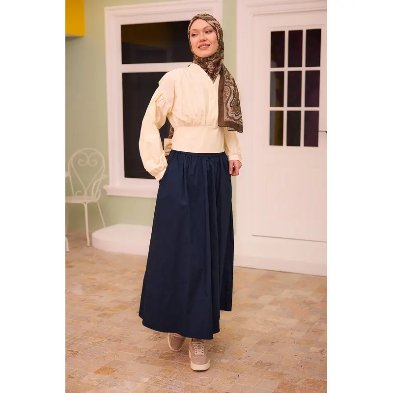 Beige Set With Contrast Colored Blouse