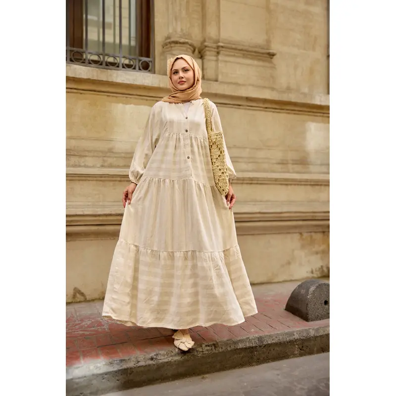 Self-Striped Patterned Dress Cream