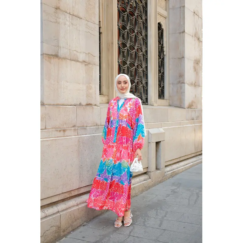 Watercolor-Inspired Floral Patterned Dress  Fuchsia