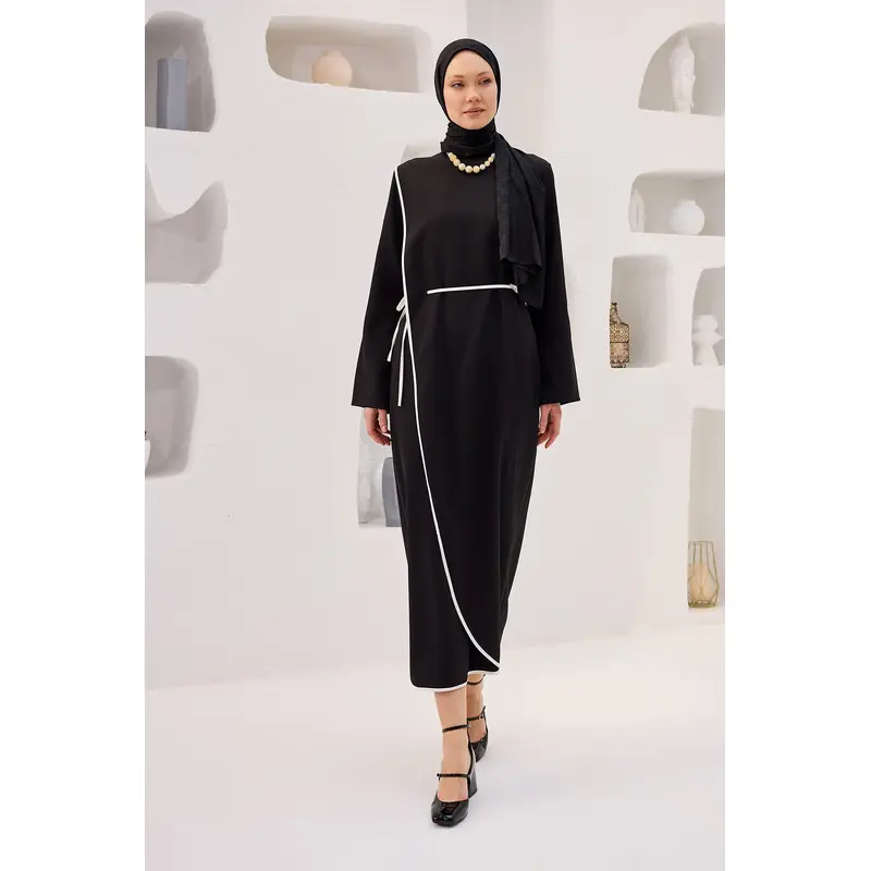 Black Scuba Dress With Piping And Self-Tie