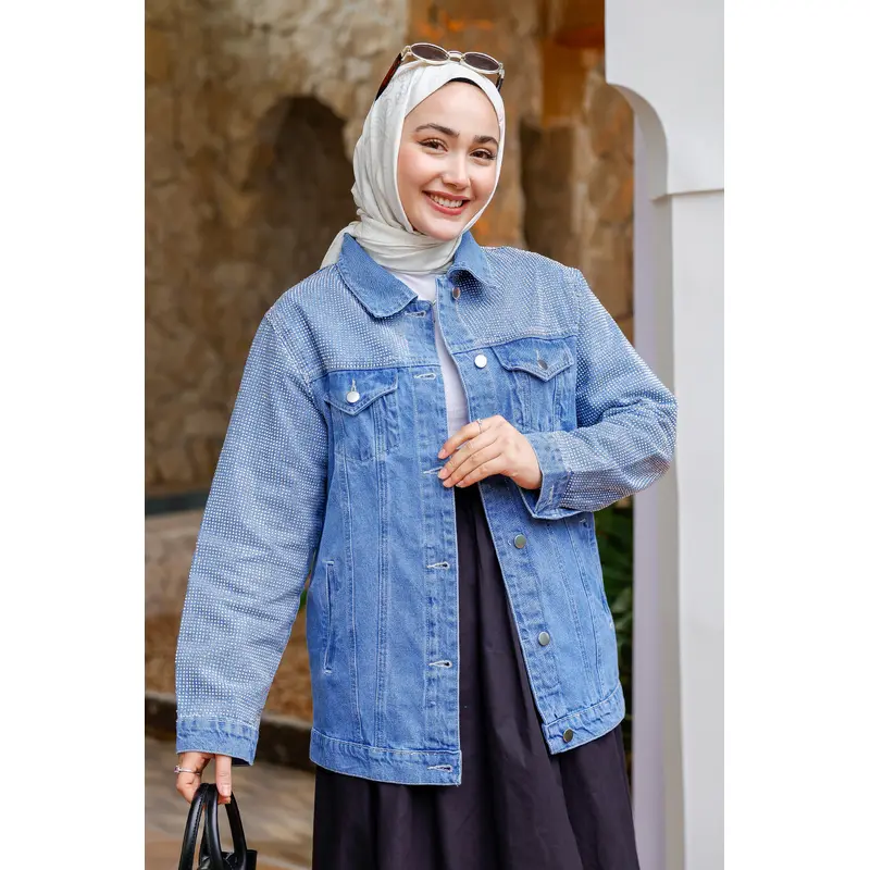 Blue Denim Jacket With Stone Detailed Sleeves