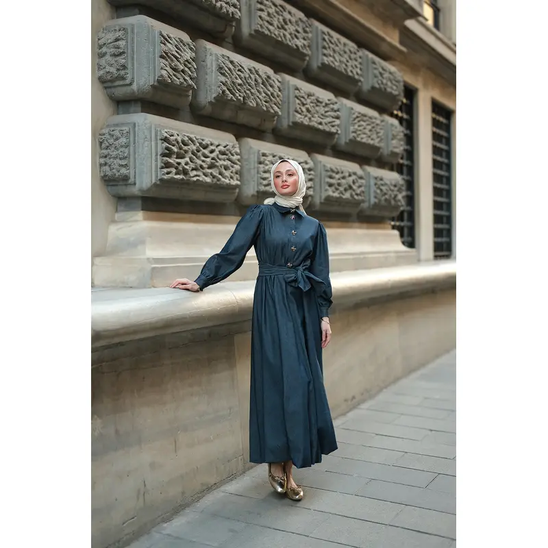 Dark Blue Denim Dress With Gold Ribbon Button Detail