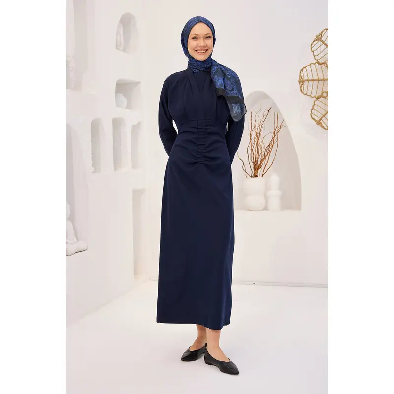 Navy Blue Crepe Dress With Draped Front