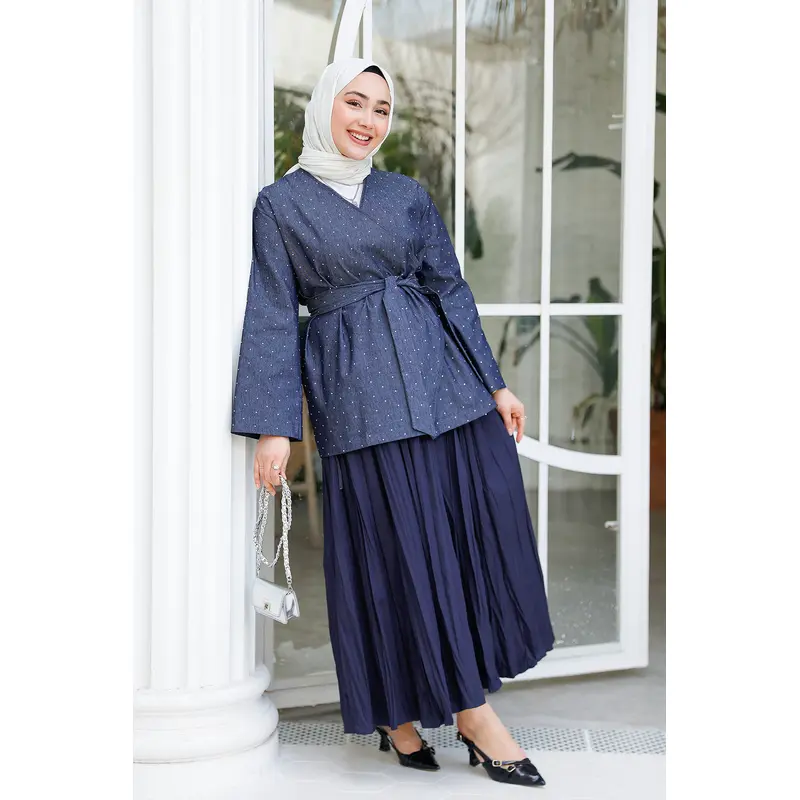 Navy Blue Denim Jacket With Stone And Side Details