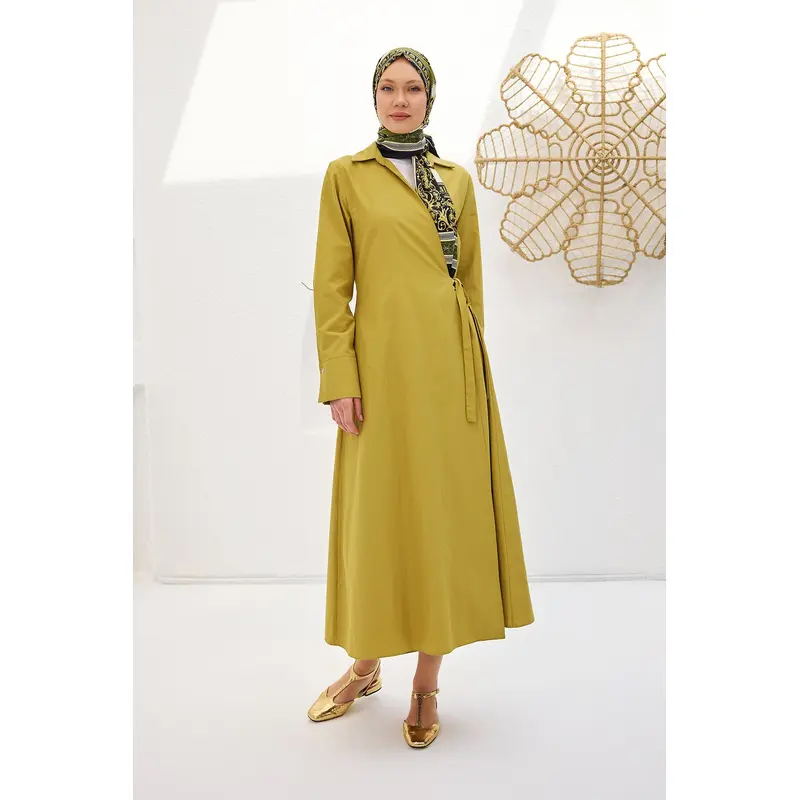 Olive Green Poplin Dress With Side Tie