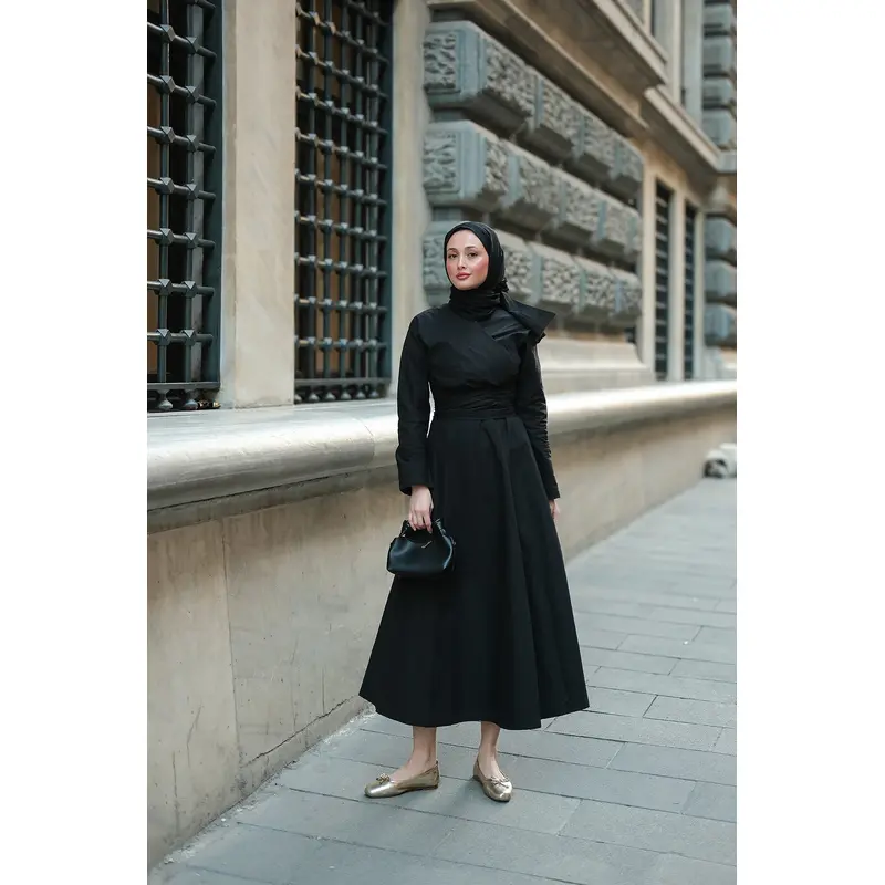 Self-Tie Black Poplin Dress