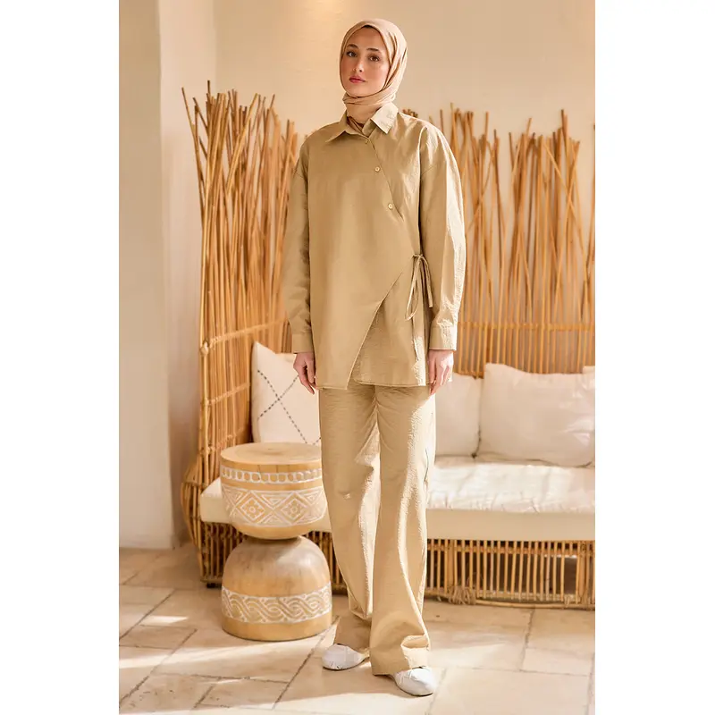 Button Detail Side Tie Linen Set Mink