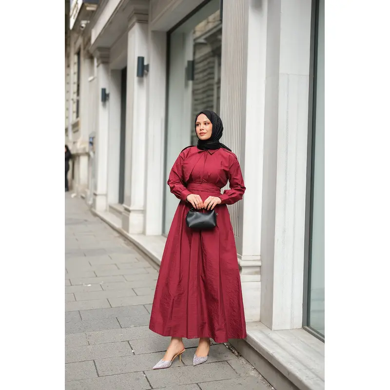 Hidden Button Epaulet Detail Dress Burgundy