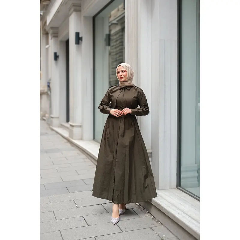 Hidden Button Epaulet Detail Dress Khaki Green