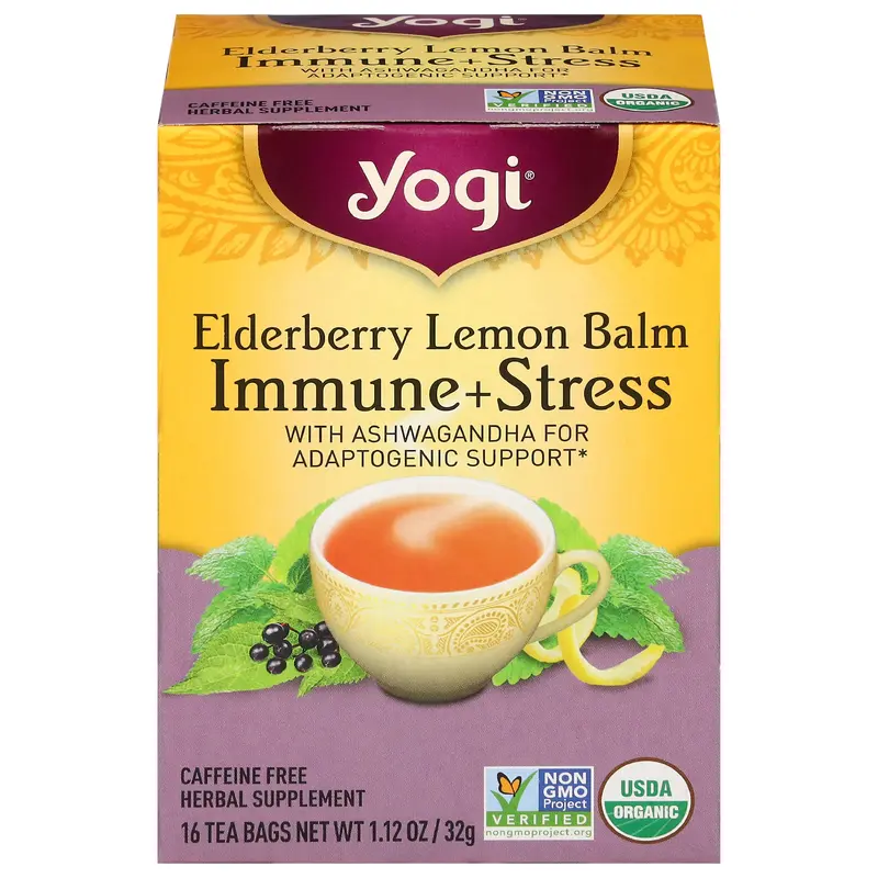 Yogi Immune + Stress Elderberry Lemon Balm Herbal Tea 16 Tea Bags
